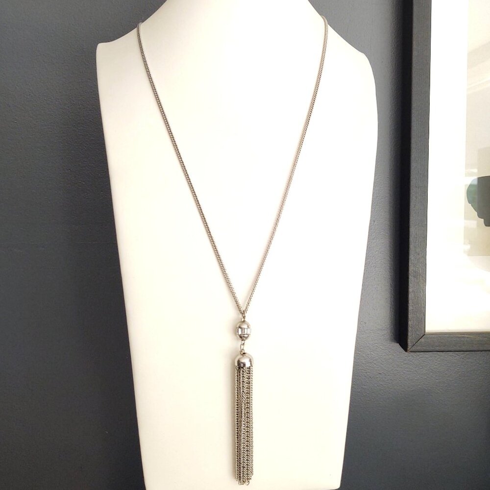 Silver chain tassel necklace with clear glass accents